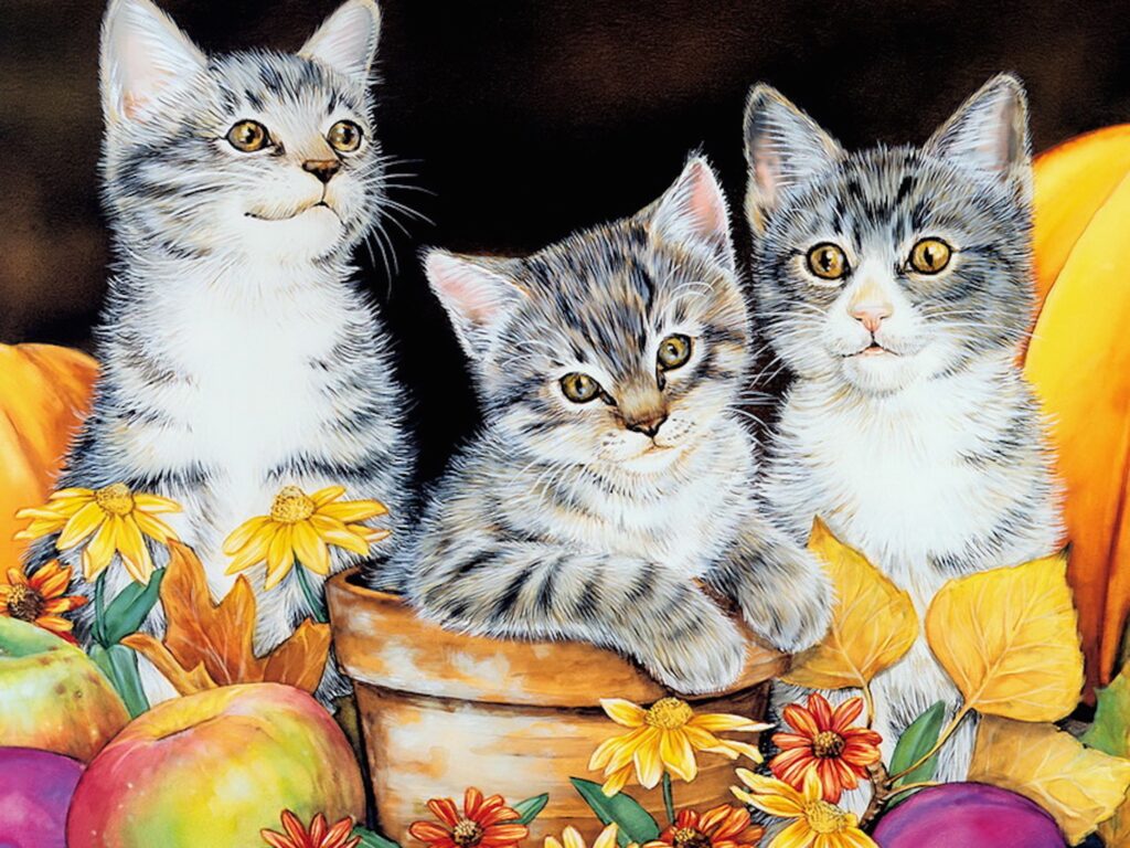 autumn kittens painting wallpaper — three tabby kittens in terracotta pot with pumpkins sunflowers and autumn leaves, Jane Maday watercolor