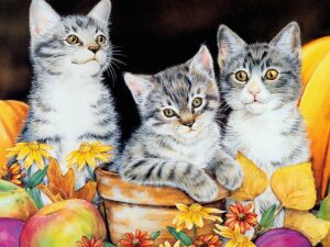 autumn kittens painting wallpaper — three tabby kittens in terracotta pot with pumpkins sunflowers and autumn leaves, Jane Maday watercolor
