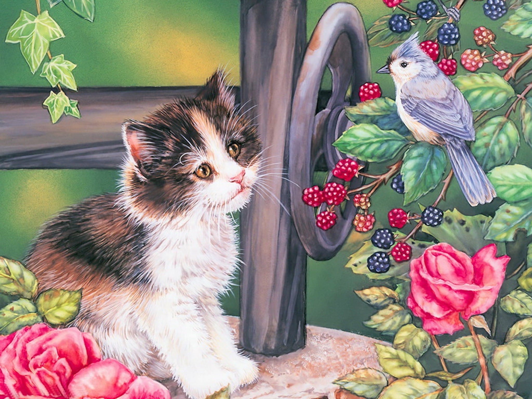 kitten garden bird painting wallpaper — calico kitten watching small grey bird perched on garden pump with roses blackberries and ivy, Jane Maday