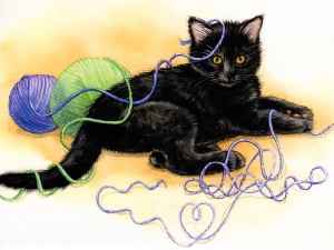 tangled kitten painting wallpaper — black kitten lying in purple and green yarn with balls of wool, Jane Maday watercolor illustration