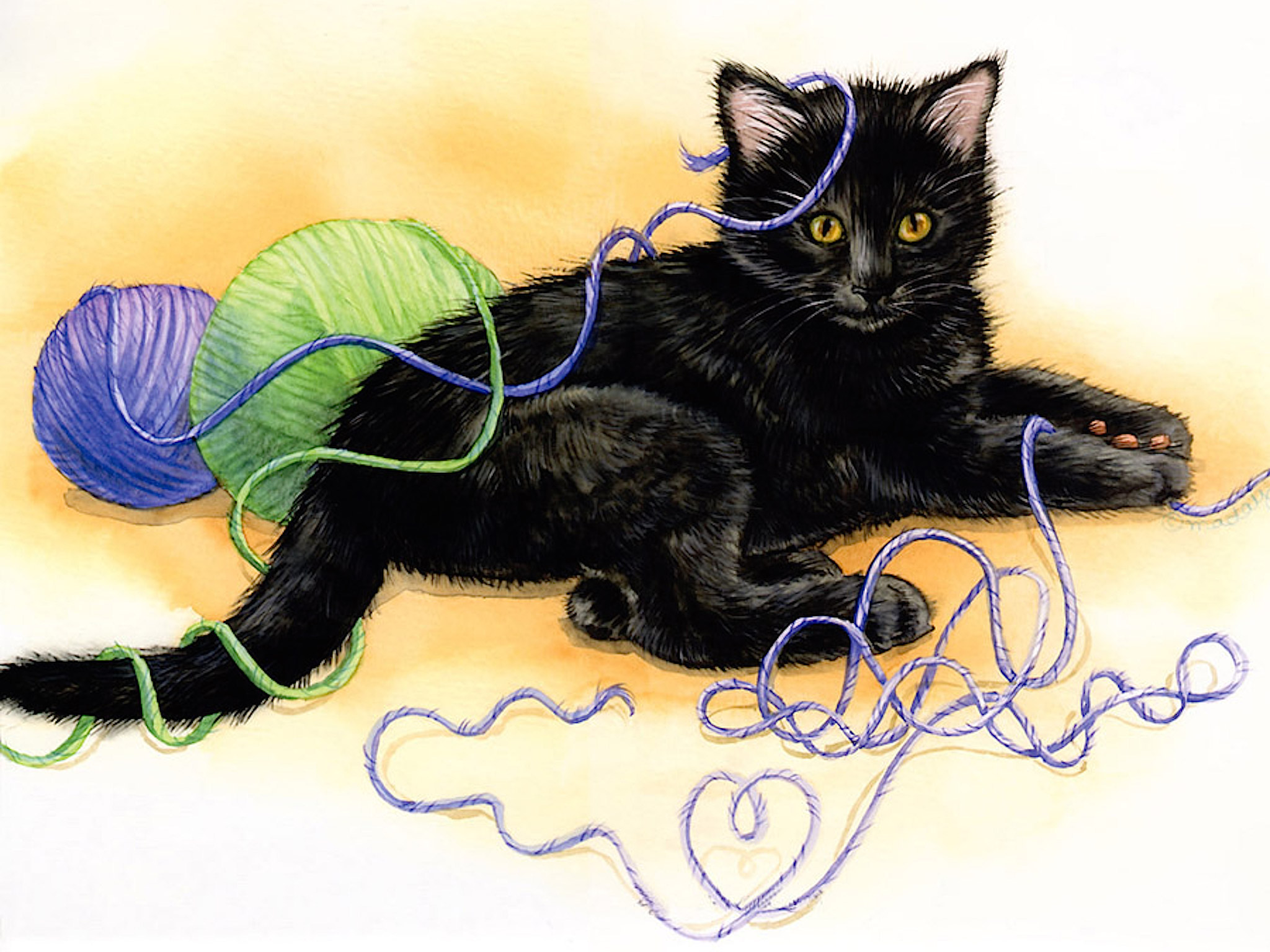tangled kitten painting wallpaper — black kitten lying in purple and green yarn with balls of wool, Jane Maday watercolor illustration