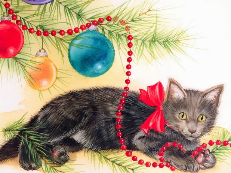 kitten Christmas painting wallpaper — grey tabby kitten with red bow tangled in cranberry bead garland under Christmas tree ornaments, Jane Maday