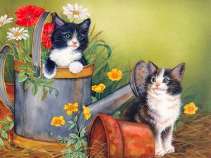 mischievous kittens painting wallpaper — tuxedo kitten in watering can and tabby kitten beside terracotta pot with poppies and daisies, Jane Maday