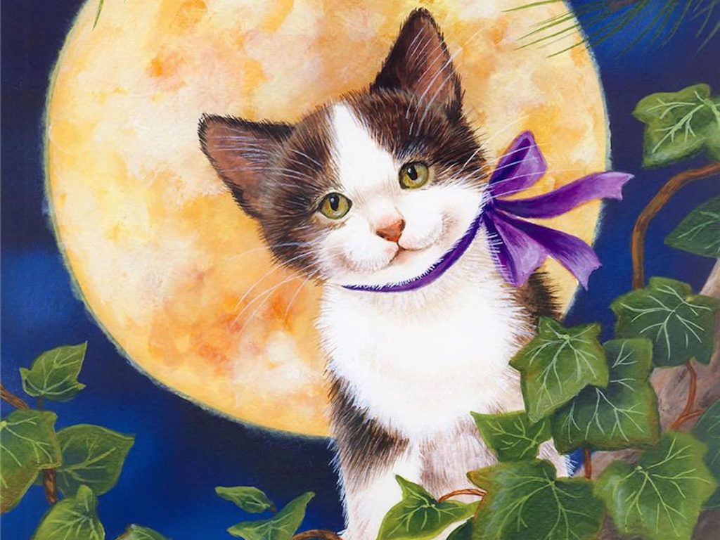 moonlight kitten painting wallpaper — Jane Maday watercolor of tuxedo kitten with purple ribbon bow before full moon surrounded by ivy
