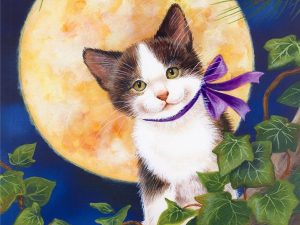 moonlight kitten painting wallpaper — Jane Maday watercolor of tuxedo kitten with purple ribbon bow before full moon surrounded by ivy