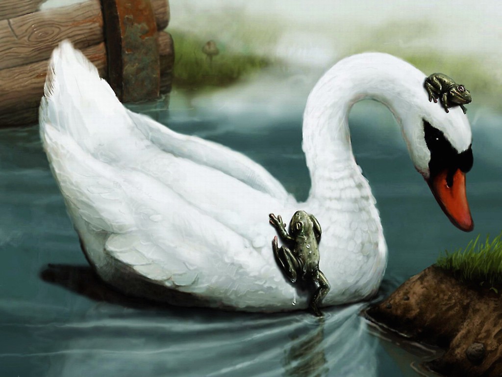 Swan Friends painting wallpaper — digital art of white mute swan with two frogs riding on its back and neck in pond setting