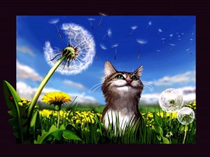 Cat Dandelions painting wallpaper — tabby cat looking up at large dandelion clock with seeds drifting in sunny meadow with blue sky