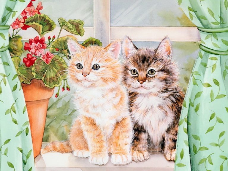 kitten pals painting wallpaper — two kittens sitting in window with pink geraniums and green curtains, Jane Maday watercolor painting
