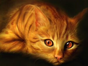 orange cat painting wallpaper — digital painting of orange tabby kitten with luminous amber eyes against dark background