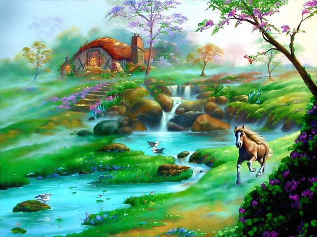 Fantasy cottage painting wallpaper — glowing thatched cottage beside waterfall in lush green garden with purple flowers and wild horse