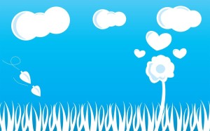blue sky hearts painting wallpaper — cheerful cartoon illustration with white cloud heart and flower silhouettes on bright blue background