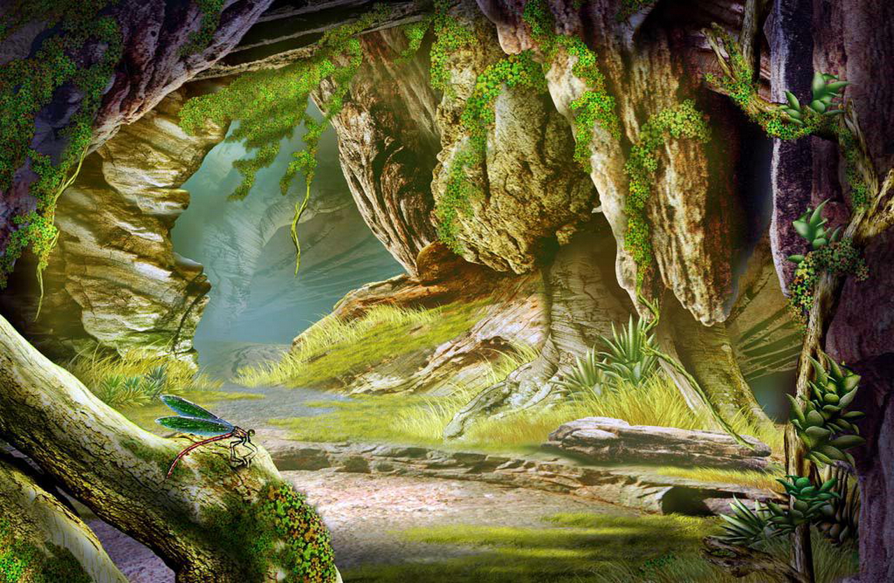 fantasy cave painting wallpaper — ancient stone grotto with mossy rocks glowing cavern interior and giant dragonfly in foreground