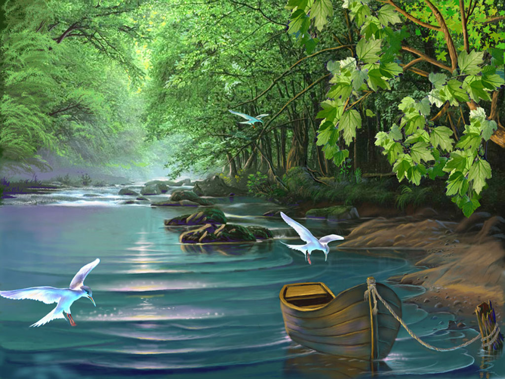 forest river painting wallpaper — white birds flying over turquoise forest river with wooden rowboat in lush green woodland