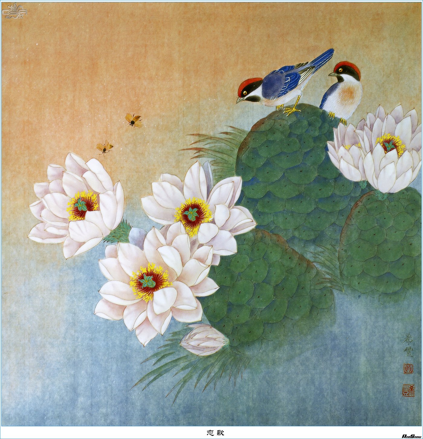 Chinese lotus birds painting wallpaper — traditional Chinese gongbi style painting of white lotus flowers with two birds perched on lotus seed pod