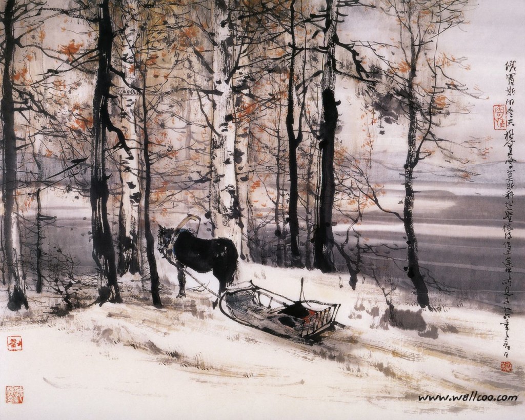Chinese ink wash winter painting wallpaper — traditional shuimo painting of horse and sled in winter birch forest with calligraphy and red seal stamps