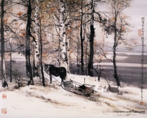 Chinese ink wash winter painting wallpaper — traditional shuimo painting of horse and sled in winter birch forest with calligraphy and red seal stamps