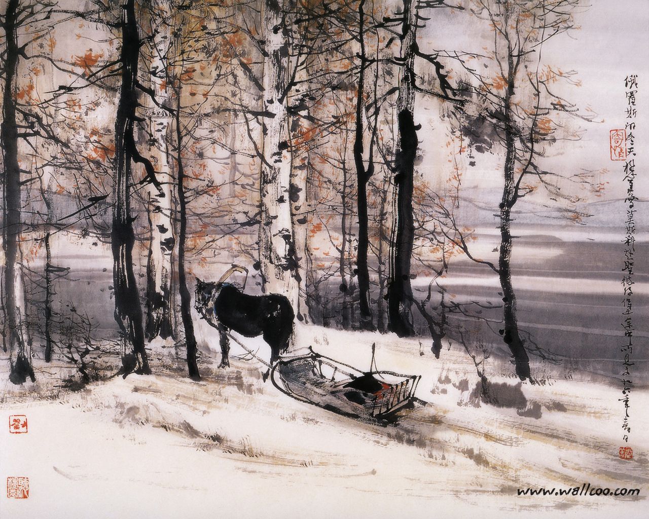 Chinese ink wash winter painting wallpaper — traditional shuimo painting of horse and sled in winter birch forest with calligraphy and red seal stamps