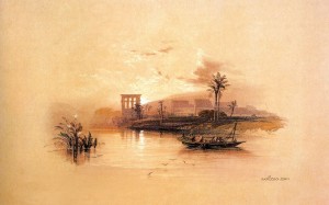 ancient Egypt Nile painting wallpaper — 19th century watercolor of Egyptian temple ruins at sunset on the Nile with boat palm trees and figures