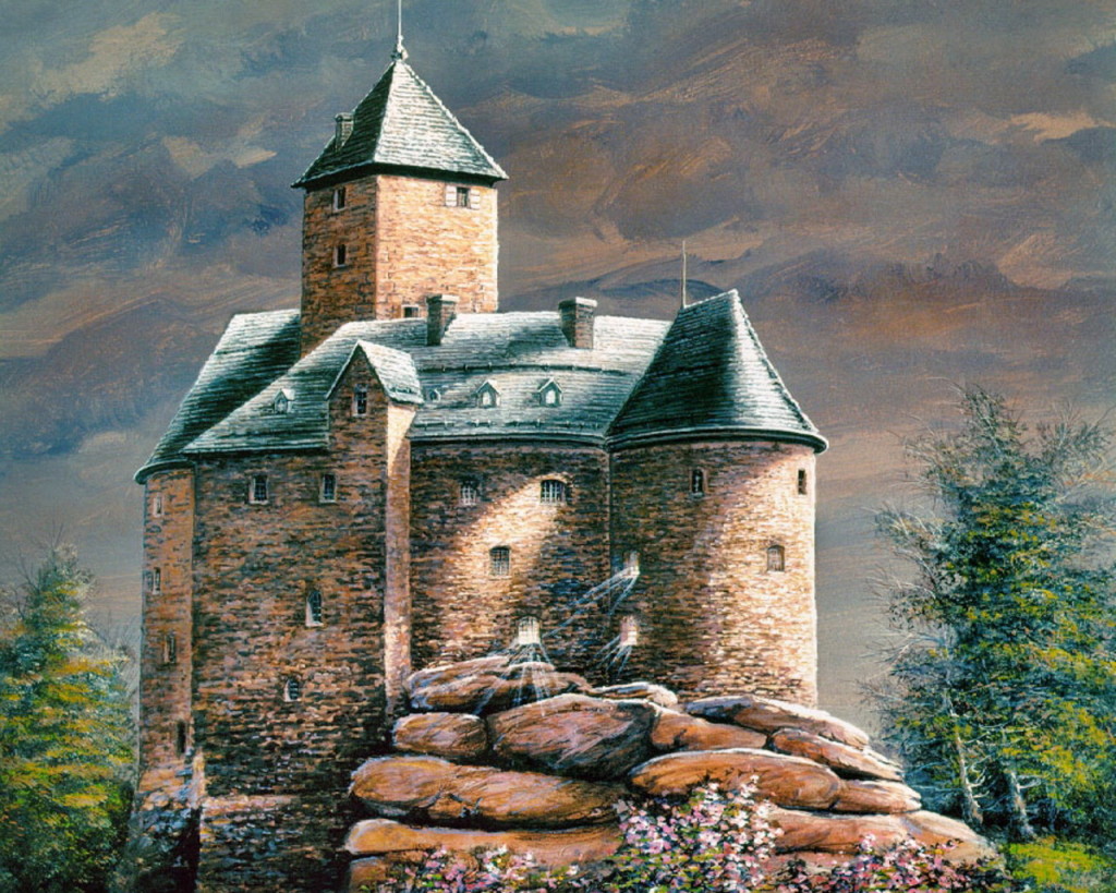 medieval castle painting wallpaper — detailed oil painting of stone castle with central tower and round turrets on rocky terrain with dramatic cloudy mountains