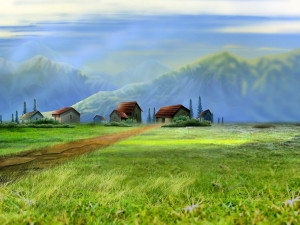 mountain village painting wallpaper — digital painting of stone cottages with red roofs in green meadow with misty blue mountains in background