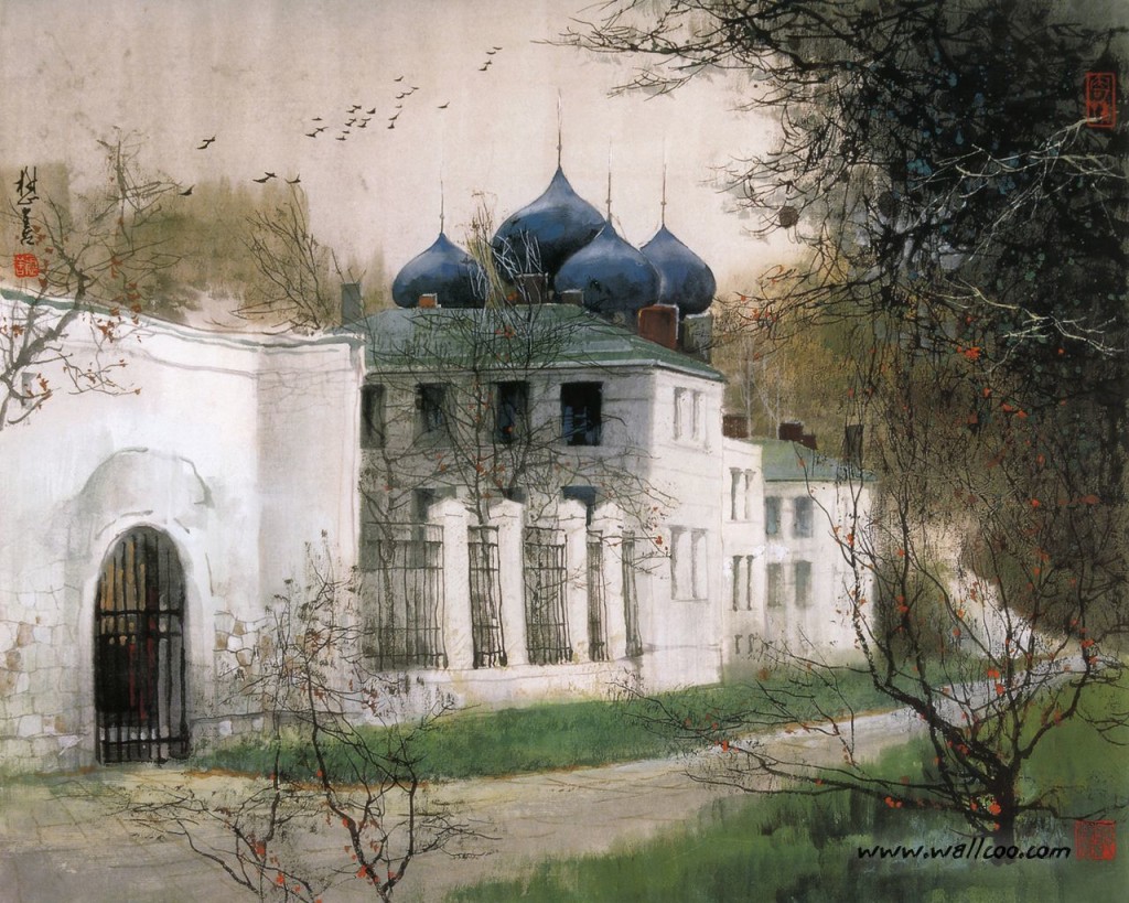 Russian Orthodox church painting wallpaper — Chinese watercolor of blue onion dome church with bare autumn berry trees and birds in flight