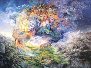 Josephine Wall Breath of Gaia wallpaper — goddess figure with animals flowers and landscapes flowing from her hair in vivid fantasy art