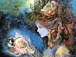 Josephine Wall Daughter of the Deep painting wallpaper — sea goddess with shell-adorned hair gazing into glowing conch shell with tiny world inside in deep ocean setting