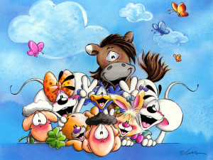 Cartoon animals painting wallpaper — whimsical Goetz illustration of a horse, duck, rabbits and cartoon animals crowding together under a blue sky with butterflies