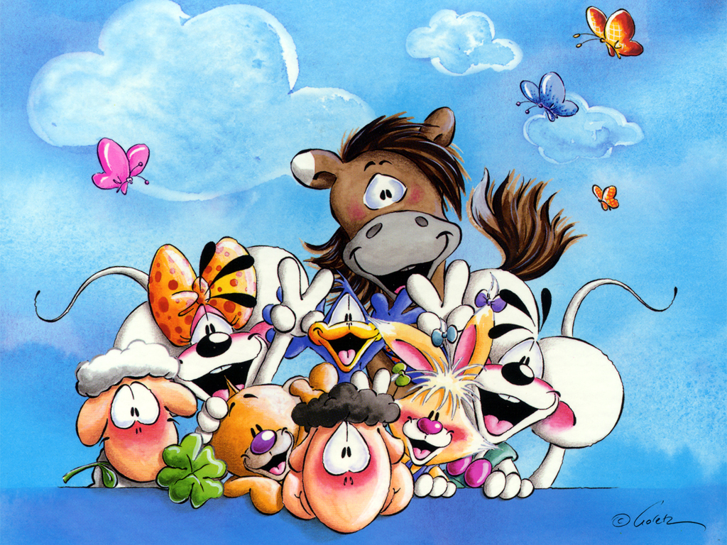 Cartoon animals painting wallpaper — whimsical Goetz illustration of a horse, duck, rabbits and cartoon animals crowding together under a blue sky with butterflies