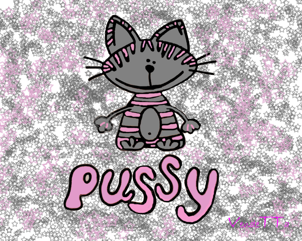 Cartoon Kitty Painting Wallpaper shows a cartoon grey tabby in a pink striped sweater on a sparkly silver star background — cheerful digital illustration that commits fully to adorable.