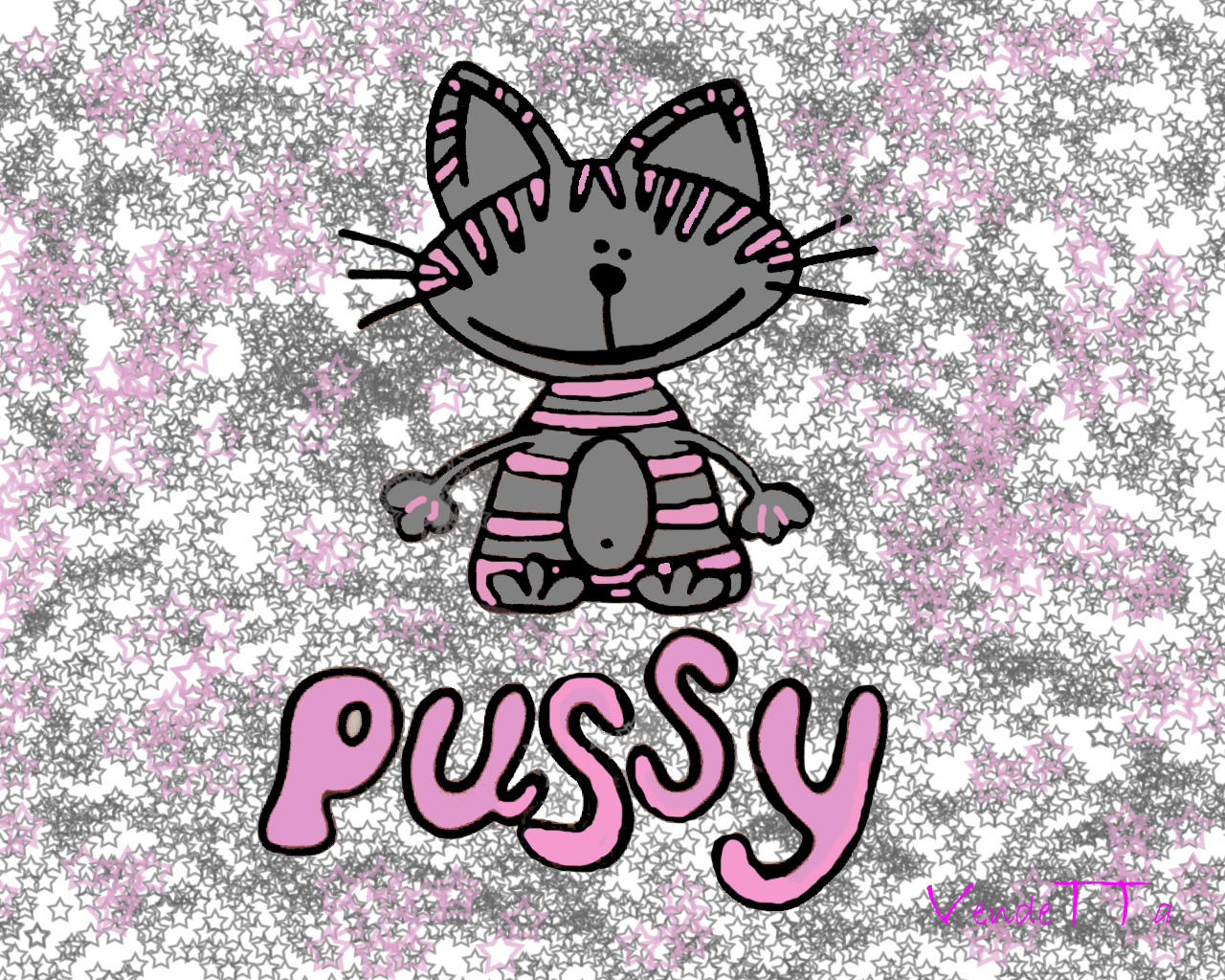 Cartoon Kitty Painting Wallpaper shows a cartoon grey tabby in a pink striped sweater on a sparkly silver star background — cheerful digital illustration that commits fully to adorable.