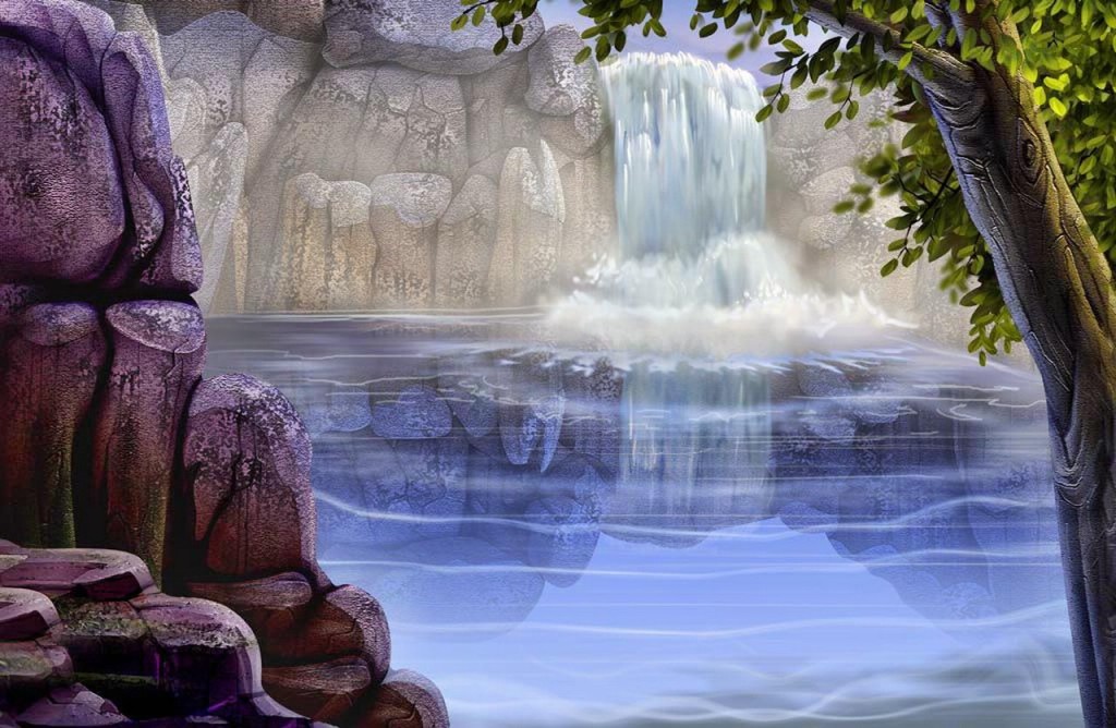 Fantasy waterfall painting wallpaper — digital art of waterfall in fantasy rocky gorge with purple stone blue pool and green overhanging trees