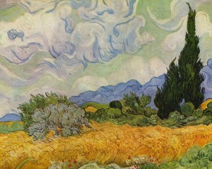 Van Gogh Wheat Field wallpaper — golden wheat field with dark cypress trees and swirling blue and white clouds in post-impressionist style