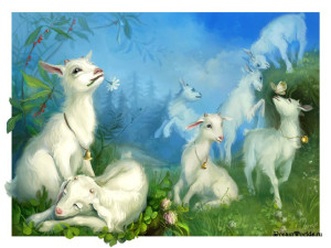 Baby goats painting wallpaper — group of white kid goats with gold bells playing in green summer meadow with red berries and butterfly
