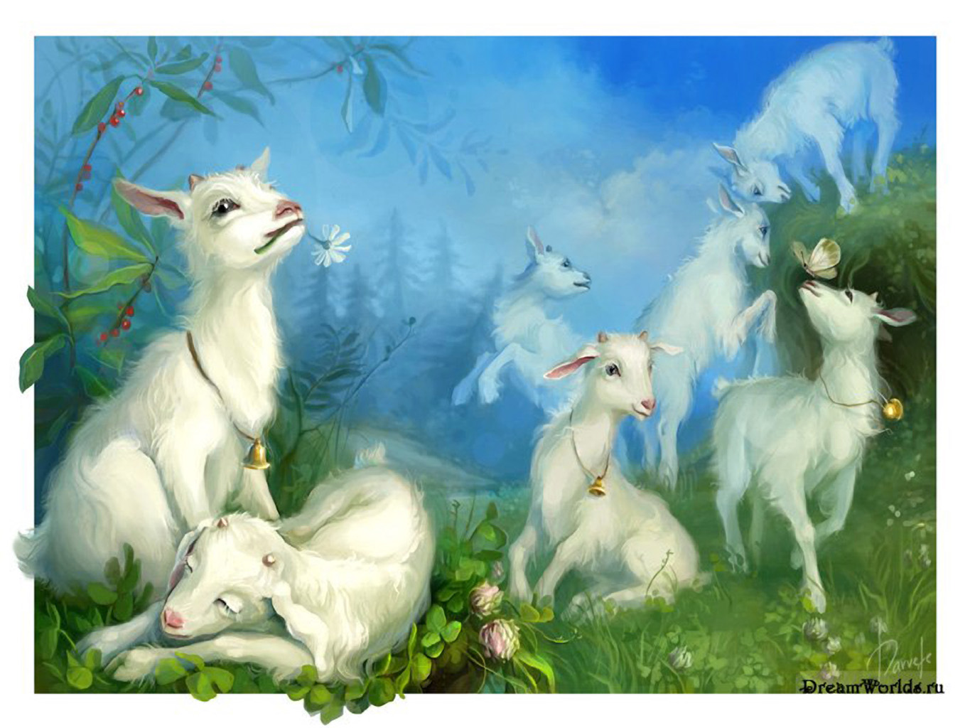Baby goats painting wallpaper — group of white kid goats with gold bells playing in green summer meadow with red berries and butterfly