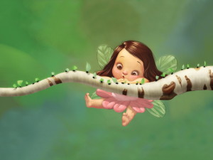 baby fairy painting wallpaper — cute baby fairy with translucent leaf wings lying on birch tree branch with pink petals below