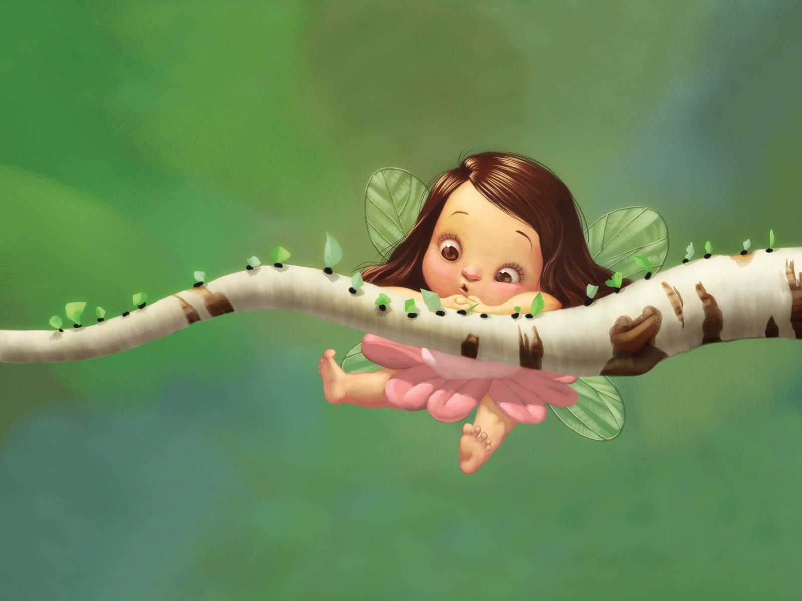 baby fairy painting wallpaper — cute baby fairy with translucent leaf wings lying on birch tree branch with pink petals below