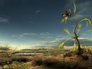 Prehistoric world painting wallpaper — digital art of ancient landscape with pterosaur on tall plant crescent moon and misty terrain