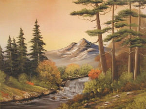 mountain stream painting wallpaper — mountain landscape with stream waterfall pine trees autumn wildflowers and warm golden sky