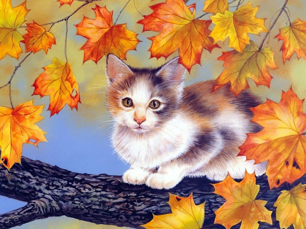 Fall foliage kitten painting wallpaper — painting of a calico kitten perched on a branch surrounded by glowing autumn maple leaves