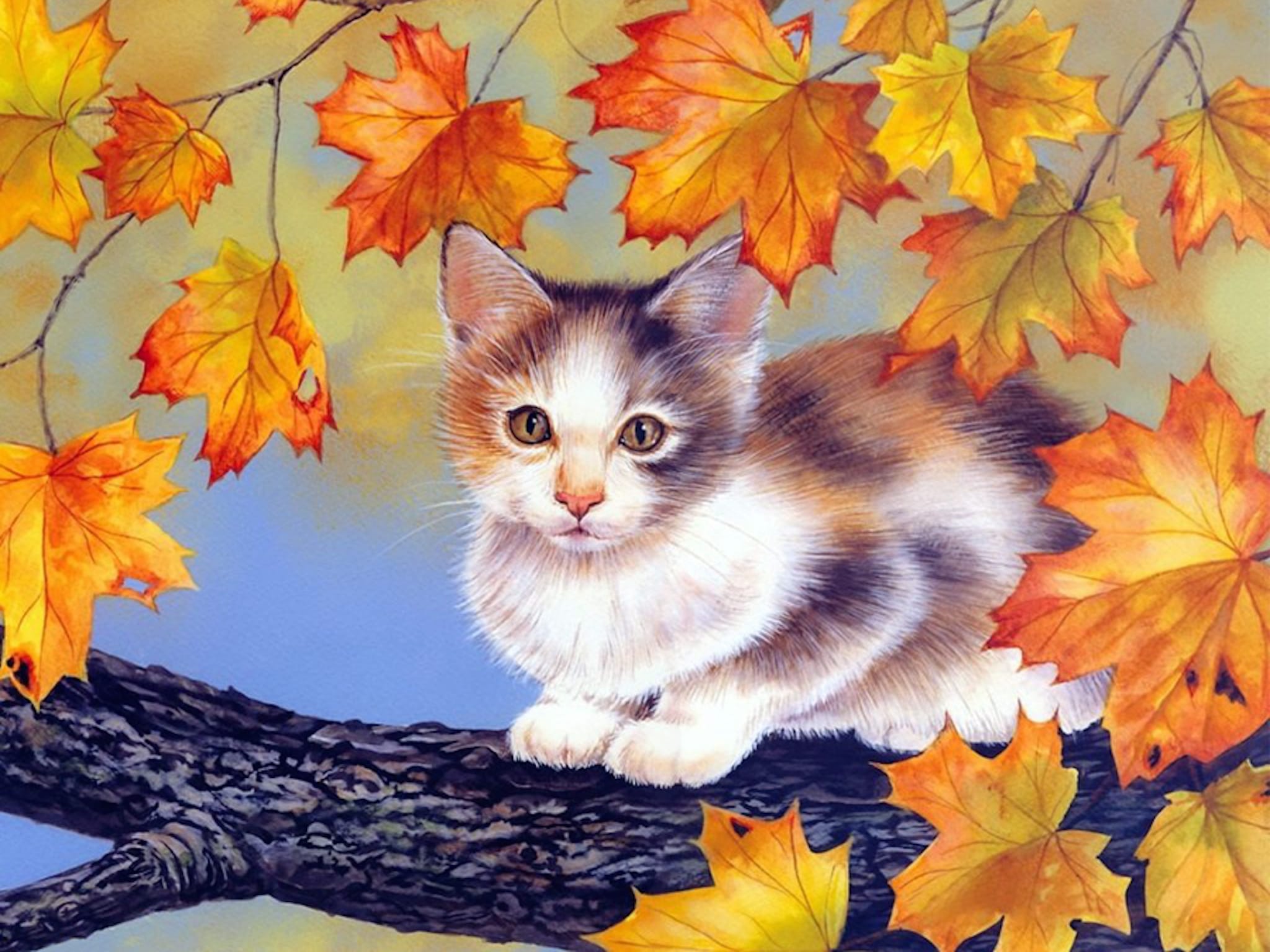 Fall foliage kitten painting wallpaper — painting of a calico kitten perched on a branch surrounded by glowing autumn maple leaves