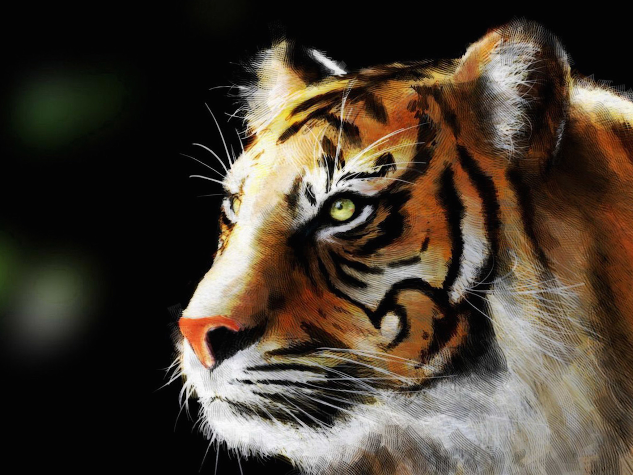 Tiger eye painting wallpaper — dramatic digital painting of a tiger face in close-up with luminous green eye and vivid orange and black stripes