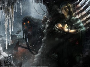 Hide and Seek Sci-Fi Wallpaper with masked figure and woman holding baby in icy scene