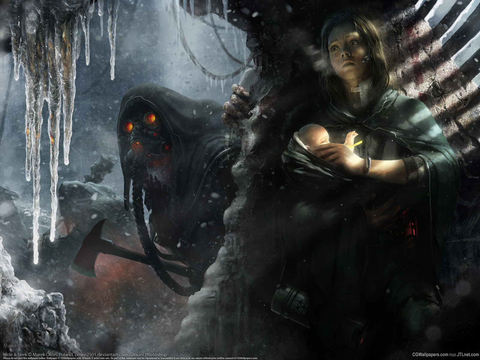 Hide and Seek Sci-Fi Wallpaper with masked figure and woman holding baby in icy scene