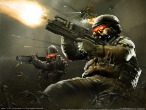 Killzone 2 Wallpaper with Helghast soldiers firing weapons in battle