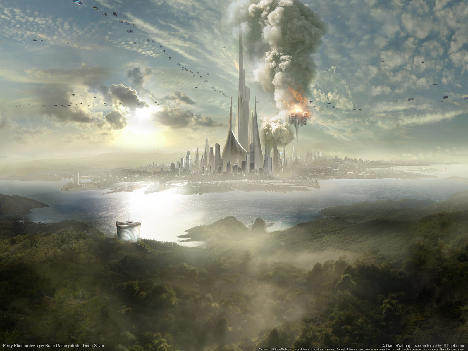 Perry Rhodan Wallpaper with futuristic sci-fi city and spaceship scenery