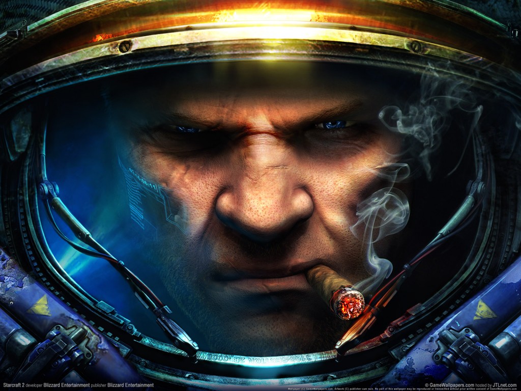 StarCraft II Tychus Wallpaper with armored marine helmet, glowing visor, and cigar smoke