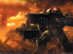StarCraft II Marine Wallpaper with armored Terran soldiers in battle