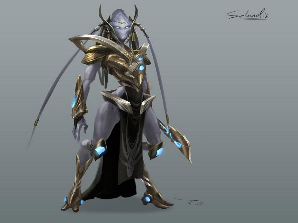 StarCraft II Selendis Wallpaper with Protoss armor and glowing blue energy details
