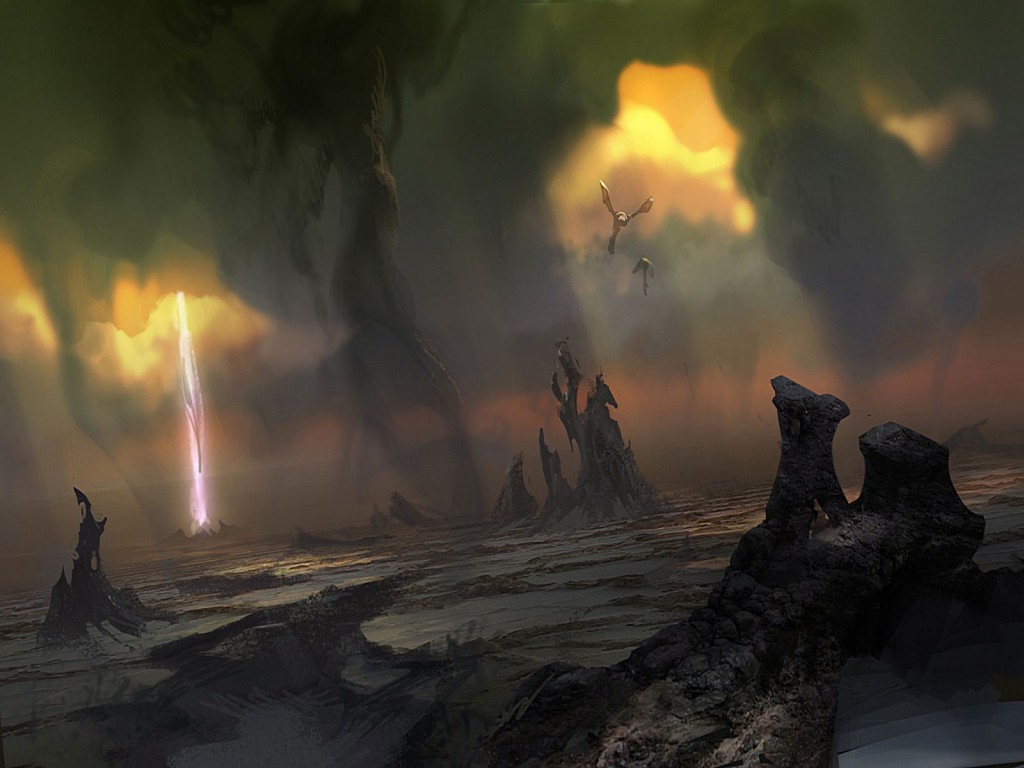 StarCraft II Zerg Landscape Wallpaper with glowing crystal, rocky alien terrain, and flying creatures